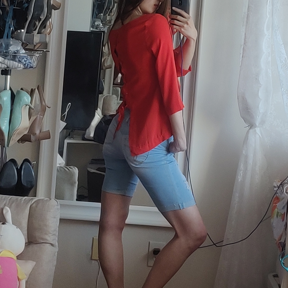Red Orange Chiffon Lace Up Flowy top